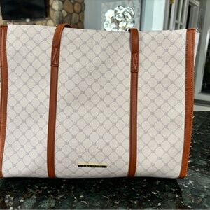 Steve Madden Leather-Trim Beige Logo Tote Bag with Brown Straps